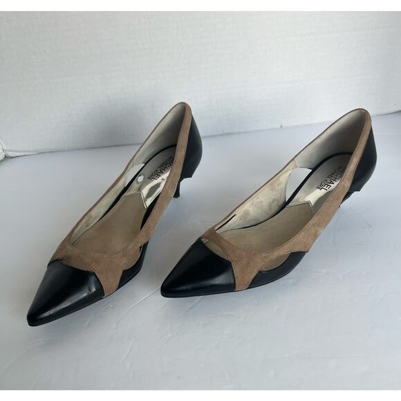 Michael Kors 2 Tone Leather Tan / Black Pointy Toe Slip On Kitten Heel Pumps 8M - Picture 1 of 12